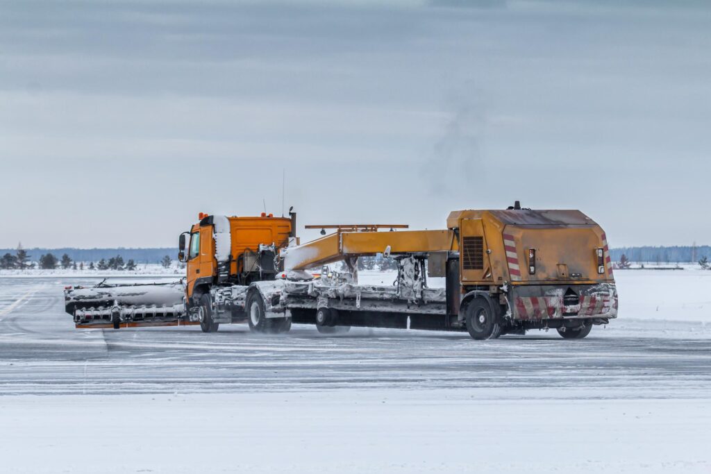 Runway deicing trucks clearing snow and ice