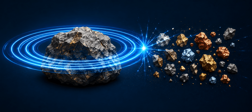 Illustration of advanced resonance-based material liberation separating valuable mineral grains from host rock.