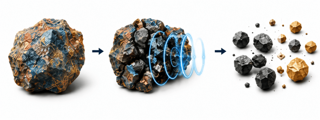 Illustration showing advanced resonance-based material liberation separating valuable mineral particles from host rock.