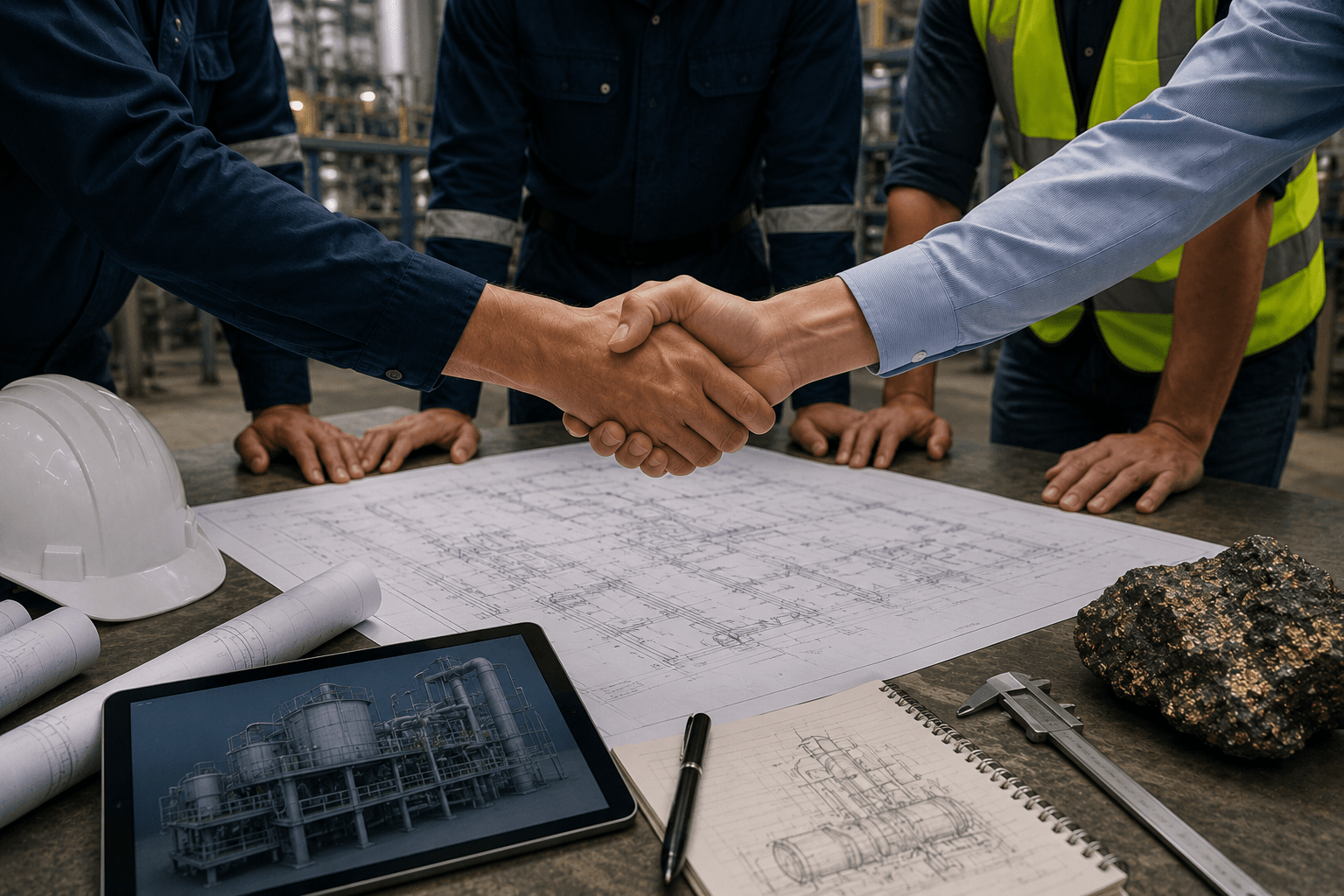 Engineering team shaking hands over project plans to symbolize collaboration, technology integration, and commercial project development.